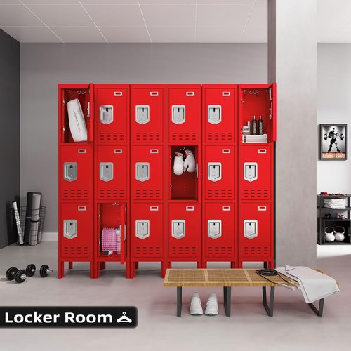 SAPITAL Metal Locker with 3 Doors Employees Locker, Metal Storage Locker with Hooks, 66" Storage Cabinet Lockers for Employees, Home, Office, Gym Requires Assembly (Red)