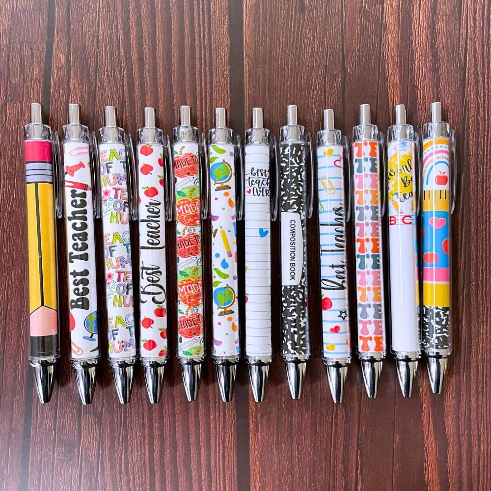 12PC Teacher Pen | Fun Cute Funny Cool Best Pens for Men Women Set Pack Teach Love Inspire School Preschool Appreciation Gifts Supplies in Bulk Office Supply Thoughtful Professor of the Year