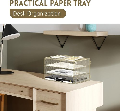 DALTACK 3-Tier Letter Tray - Stylish Mesh Metal Desk Organizer for A4 Paper, Mail & Bills - Yellow