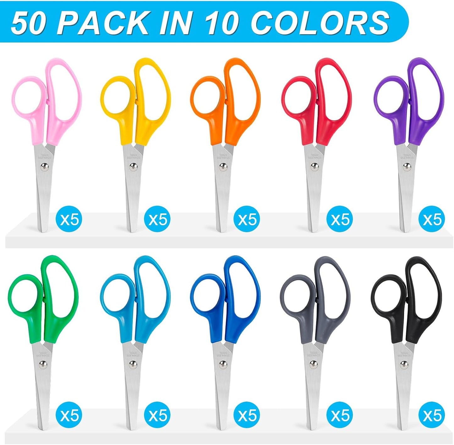 Toidgy 50 Pack Kids Scissors - 5 Inch Blunt Tip Safety Scissors for School & Crafts