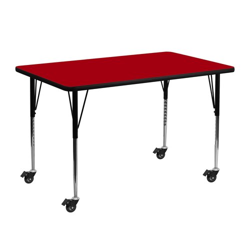 Flash Furniture Mobile 24''W x 48''L Rectangular Red Thermal Laminate Activity Table - Standard Height Adjustable Legs