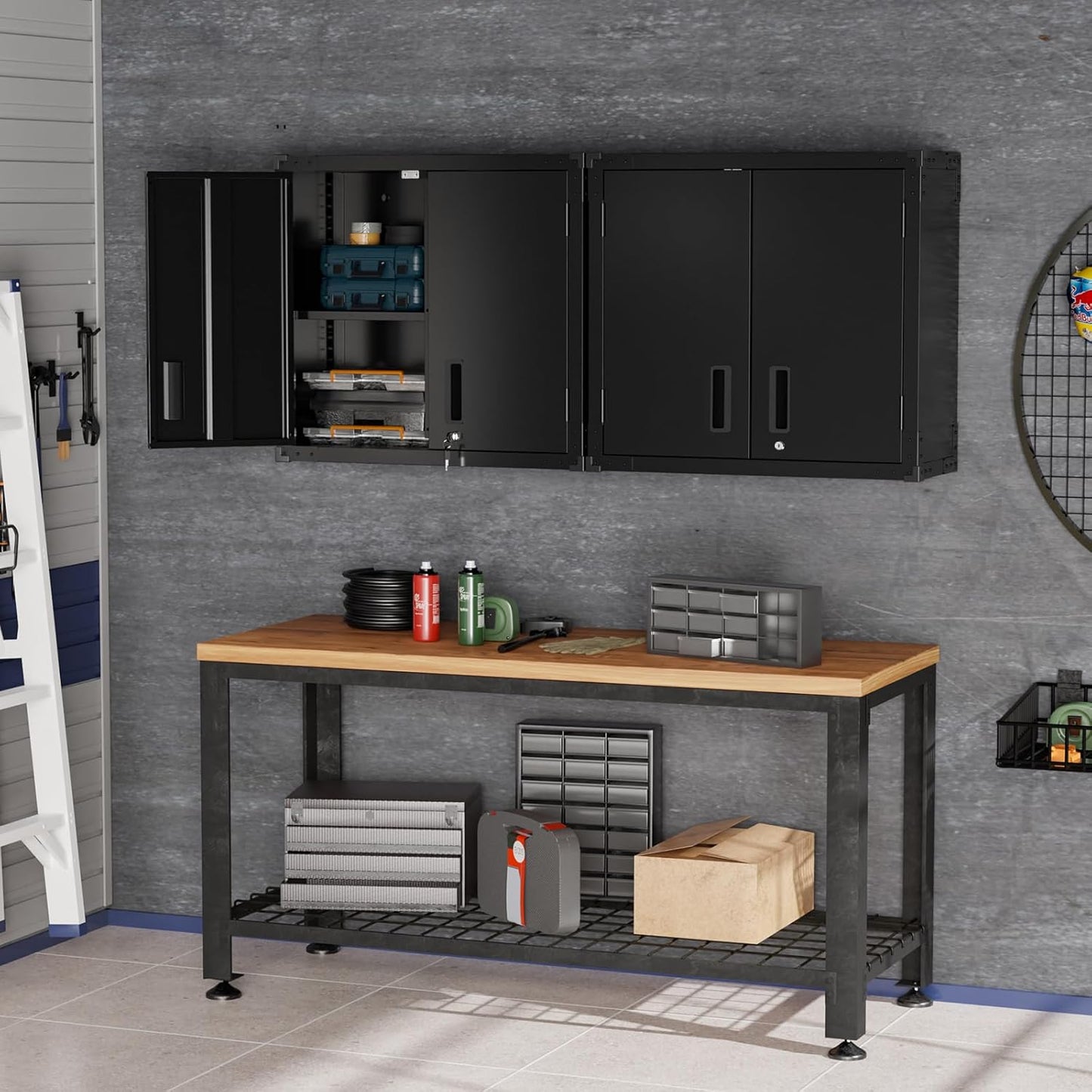 VINGLI Garage Wall Cabinet - Locking Doors & Adjustable Shelf | Metal Floating Storage (Black, 30''W x 12''D x 28''H)