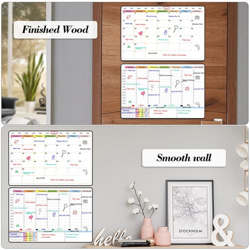 POPRUN Dry Erase Calendar weekly and monthly self adhesive stick on non-magnetic stainless fridge & Glass & Wall & wooden (any smooth surface) Schedule Board with Time Slots for Office and Family