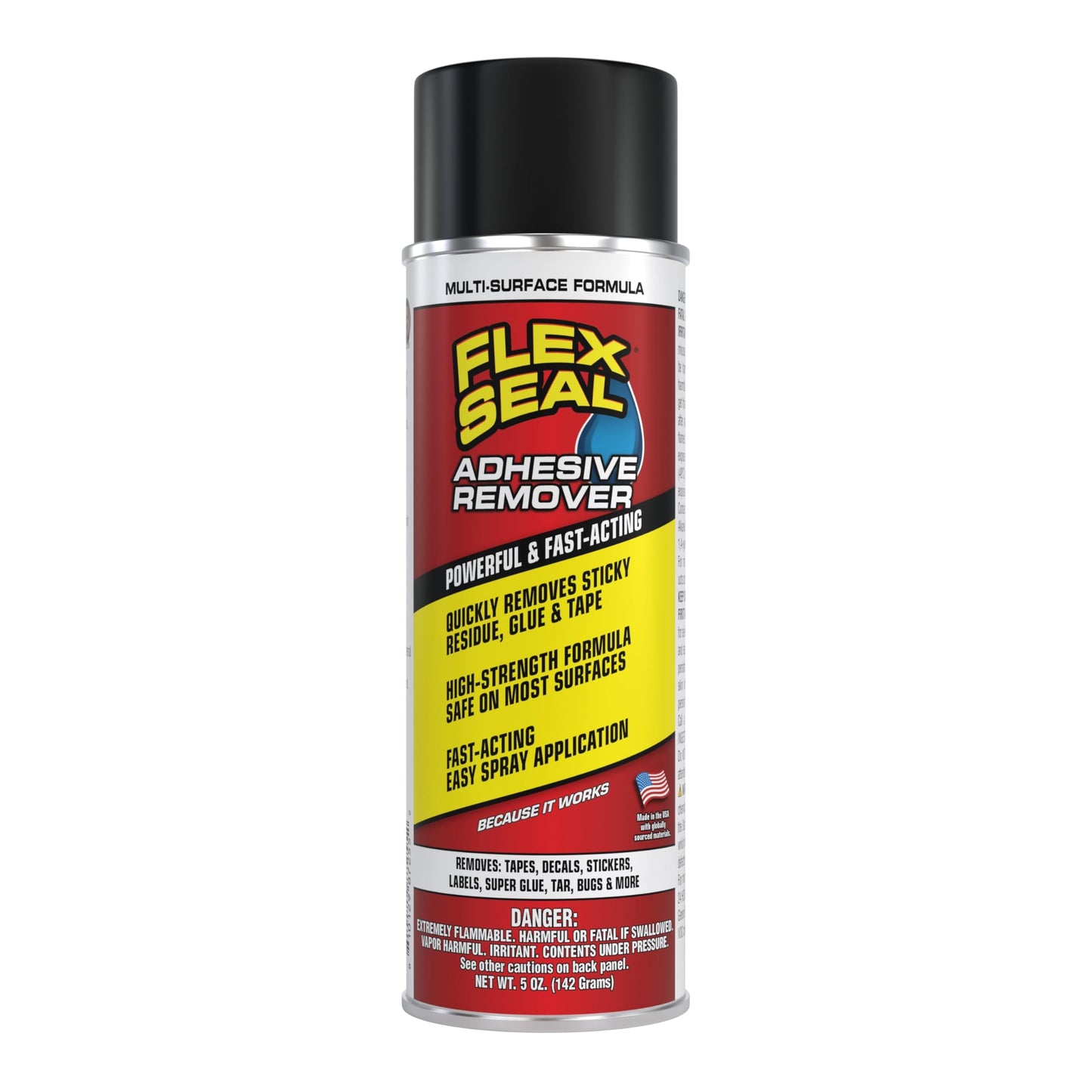 Flex Seal Adhesive Remover Spray, Heavy Duty Multi-Surface Residue Cleaner for Stickers, Labels, Decals, Tape & Super Glue; Safe on Glass, Plastic, Metal, Painted Finishes, Sealed Wood, 5 oz, 1-Pack