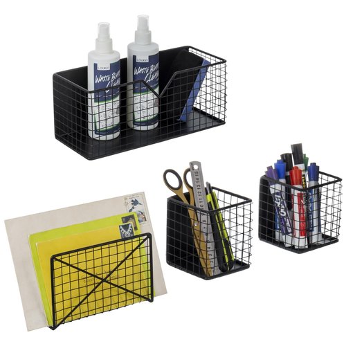 MyGift Magnetic Office Supplies Storage Organizer Baskets, Industrial Matte Black Metal Wire Mesh Mail Slot, File Holder, and Marker Pen Pencil Cups, 4 Piece Set
