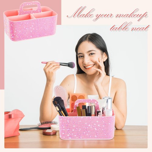 Marspark Bling Girly Caddy Bathroom Organizer with Handle, 9.8 Inch Sparkly Pen Pencil holder for Back to School, Office Desk Accessories Organizer for Pen Brush Makeup Supplies(Pink,AB Diamond)