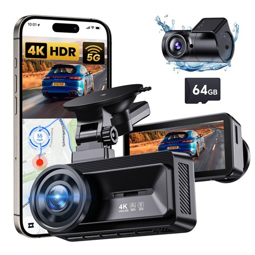 COOLCRAZY Dash Cam Front Rear: 4K+1080P Full HD Dashcam Free 64GB Card, with 5G WiFi GPS, Dual Dash Camera for Cars with 3" IPS Screen, Night Vision, HDR, App Control, 24H Parking Mode, Loop Record