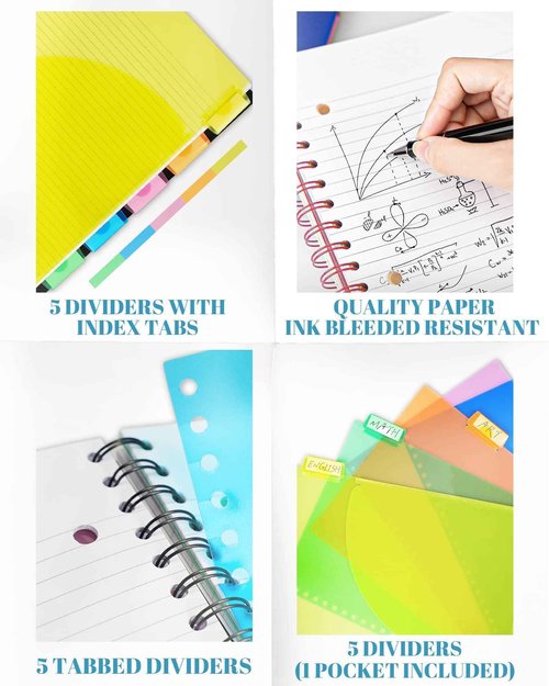 MOWEE 2 Pack- 5 Subject Notebook, College Ruled Notebook 3-Hole Punched With Dividers, Storage Pockets, 11" Ruler, 200 Pages, for Writing Journal, Home &Office, School Supplies（RB）