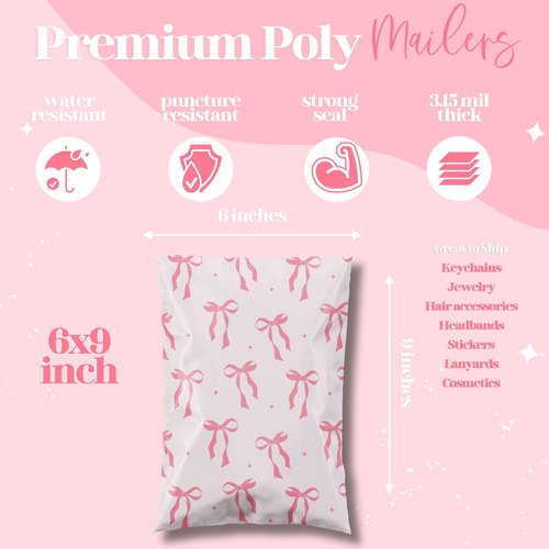 Pretty Package Store 6x9 Designer Poly Mailer 100 Pack Heavy Duty Waterproof Self Seal Shipping Bags for Small Business Large Mailing Envelopes Bulk Tear Resistant Cute Packaging Pink Bows Coquette