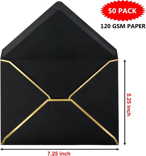 Regine Switzerland 50 Pack 5x7 Self-Adhesive Envelopes - Gold Border V-Flap for Invitations & Cards (Black)