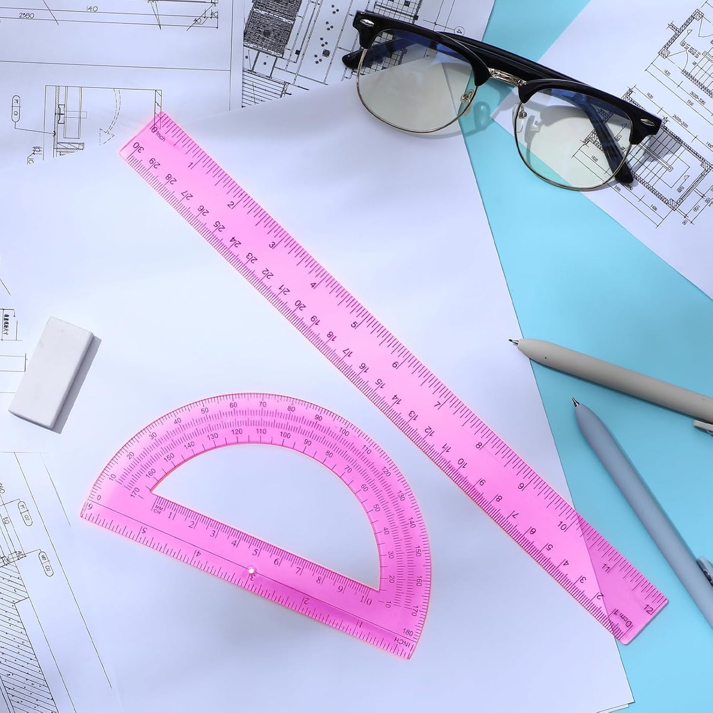 Zonon 12'' Plastic Ruler & 6'' Protractor Set - Clear Math Geometry Supplies for School | Pink