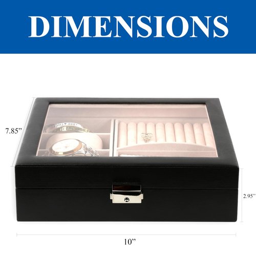 Natico Originals Multi-Compartment Jewelry Box Storage w/Glass Lid and Clasp Closure, Accessories Case for Watches Bracelets Rings Earrings Cufflinks (100-102403)