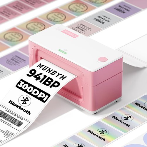 MUNBYN Bluetooth Thermal Label Printer - Wireless 300DPI 4x6 Shipping Labels | Compatible with Windows, Mac, iPhone, Android (Pink)