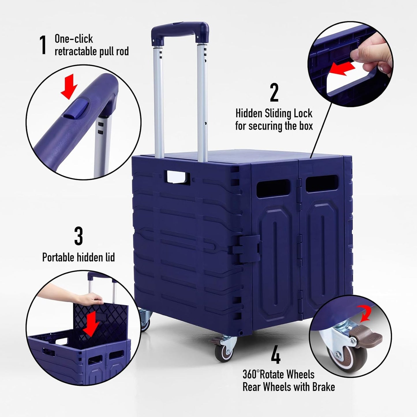 Skiennix Folding Utility Cart - Portable Rolling Handcart with Lid for Grocery & Storage - Purple