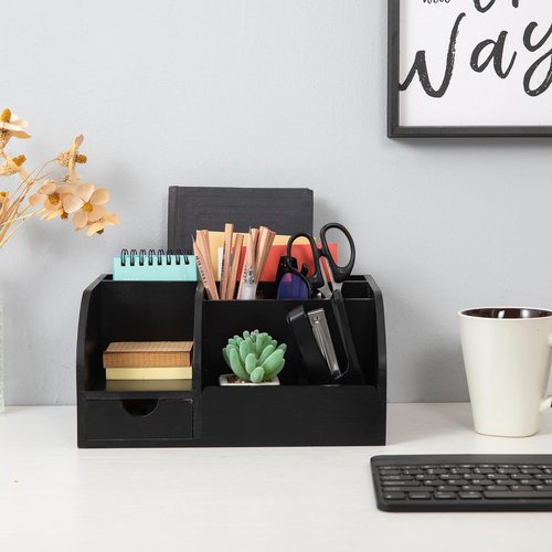 VERGOODR Office Desk Drawer Supply Organizer and Accessories, Wood Desk Organizer with 6 Compartments & 1 Drawer Binders Folder Papers Holder Pen Holder Office Desktop File Organizer (black)