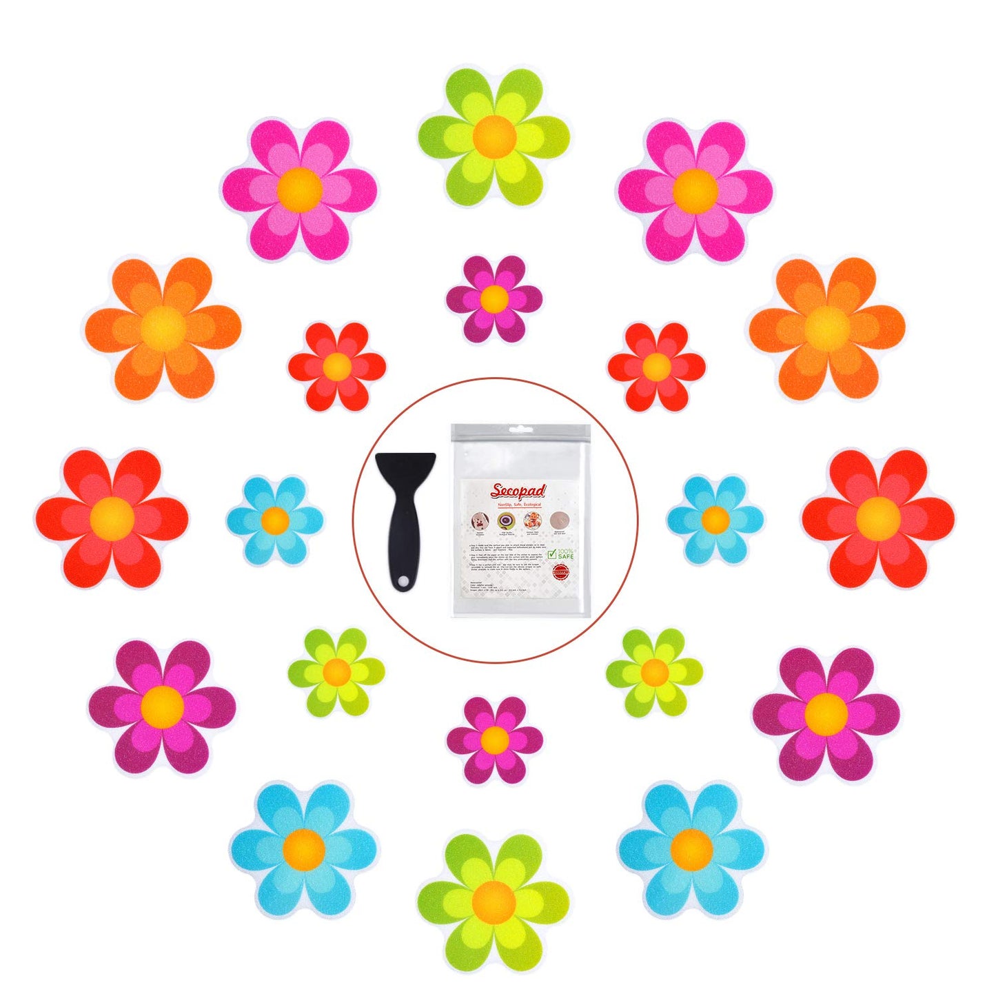 Secopad 20 PCS Original Non Slip Bathtub Stickers, Shower Floor Non Slip Stickers Bright Flowers Appliques with Premium Scraper