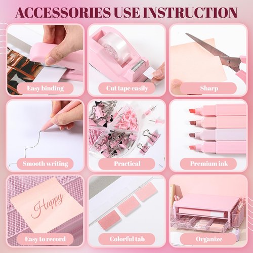 Kosiz 21 Pcs Pink Office Desk Organizers and Accessories Computer Monitor Stand with Drawer Pen Holder Stapler Tape Dispenser Sticky Note Clips Pen Highlighter Scissors Aesthetic Accessories for Woman