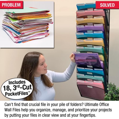 Ultimate Office Mesh Wall File Organizer, 12 Tier Vertical Mount Hanging File Sorter. Multipurpose Display Rack Includes 18, 3rd Cut PocketFile Clear Document Folder Project Pockets (Black)