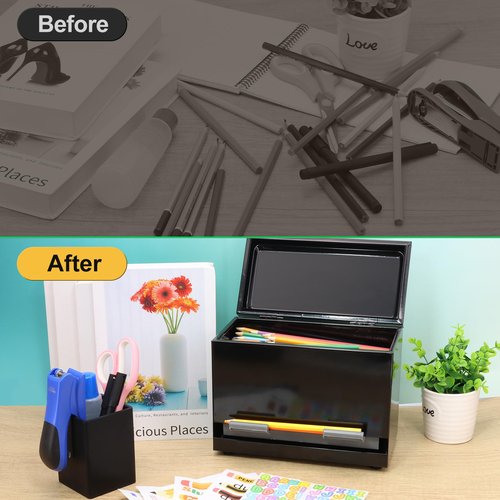 Pencil Dispenser for Classroom Stainless Steel Pencil Holder for Desk, Pencil Dispenser Set with Silicone Organizer & 5 Stickers, Back to School Classroom Must Haves Teacher Supplies (Black)