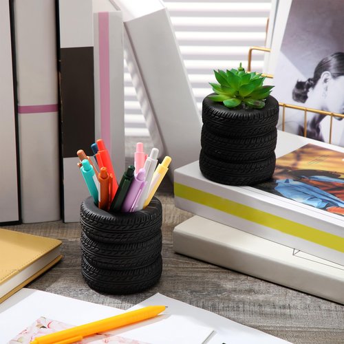 Crtiin 4 Pcs Tire Shaped Pen Holder Car Tire Planter Holder for Men Mechanic Gift Desk Office Home School Accessories Decor Christmas Novelty Funny Supplies Cactus Succulent Planter Pot