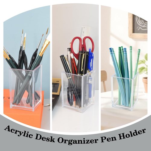 10 Pack Clear Acrylic Pen Holder for Desk, Pencil Cup Makeup Brush Organizer, Square Acrylic Pencil Holders for Office School Home Supplies, Desktop Stationery Organizer for Pens Markers Brushes