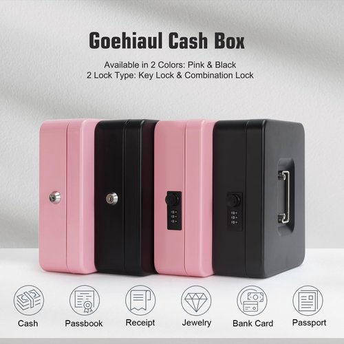 Cash Box with Money Tray - Large Money Box with Lock, Metal Safe Box for Money 9.84" x 7.87" x 3.54" Black