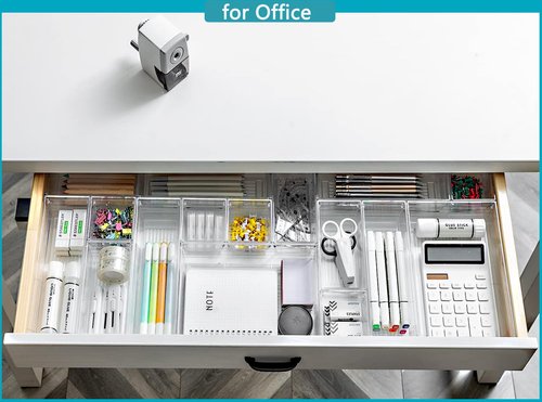 44 PCS Clear Plastic Drawer Organizers Set, 4 Size Versatile Bathroom and Vanity Organizer Trays, Cosmetic Display Cases for Makeup, Jewelries, Bedroom，Kitchen Utensils and Office