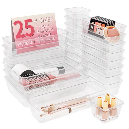 Lulltou 25 PCS Plastic Drawer Organizer Set, 4-size Clear Bathroom and Vanity Desk Drawer Organizer Trays, Non-Slip Versatile Storage Bins for Makeup Jewelry Office Kitchen Gadgets