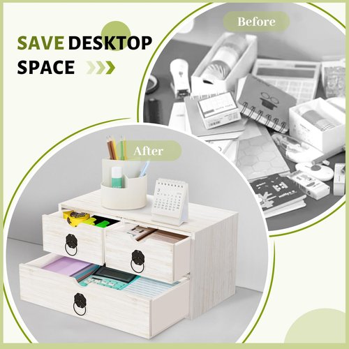 SeekElegant Wood Desk Organizer with Drawer, White Wooden Desktop Organizer, Tabletop Storage Organization Box for Countertop, Home Office Supplies (3 Drawer)