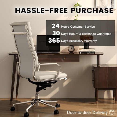 GTPOFFICE Ribbed Office Desk Chair High Back Ergonomic Chair with Wheels Cute Modern Executive Chair Bonded Leather Lumbar Support Computer Chair Swivel Tilt, Snow White