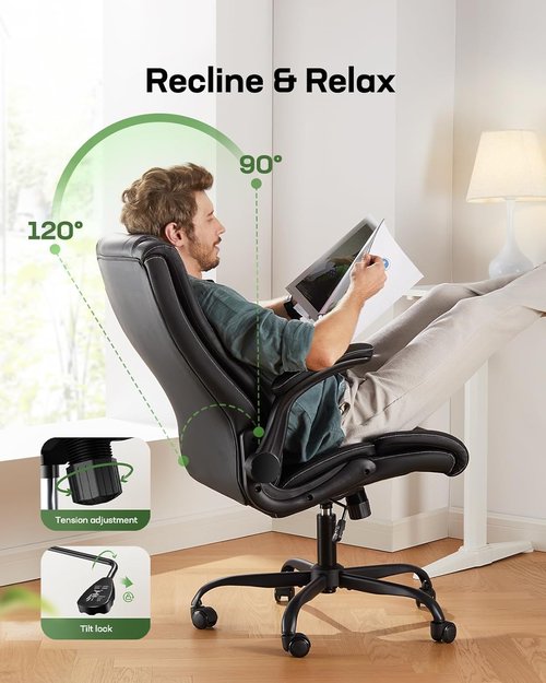 Marsail Executive Office Chair - Ergonomic PU Leather with Flip-Up Armrests | Height-Adjustable, Black