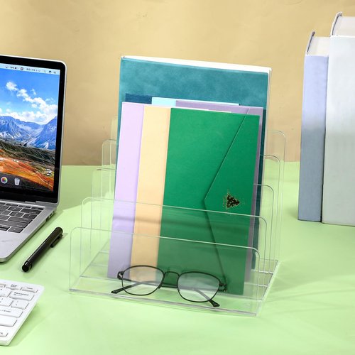 Hariendny 4 Compartments Acrylic File Organizer for Desk, Vertical Letter Holder, Mail Organizer Letter Holder, Acrylic Desk Organizer for Document, Notebook, Letter, 9" x 7" x 7"