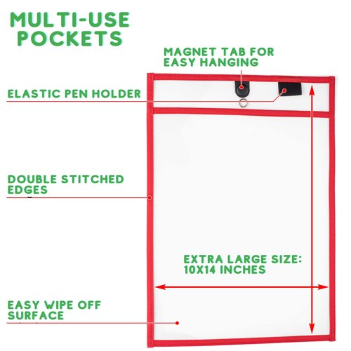 Magnetic Dry Erase Pockets by Two Point (30-Pack) - 10 x 14 in - Portrait Clear Dry Erase Pocket Sleeves, Job Shop Ticket Holders, Clear Paper Sleeves Protectors, Magnetic Pouch