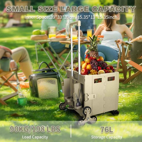 FELICON Folding Climber Utility Cart Rolling Crate Tote on Rotate Wheels with Adjustable Handle Hidden Lid Cup Holder Storage Toolbox for Teacher Office File Move Shop Travel Laundry Grocery(Coffee)