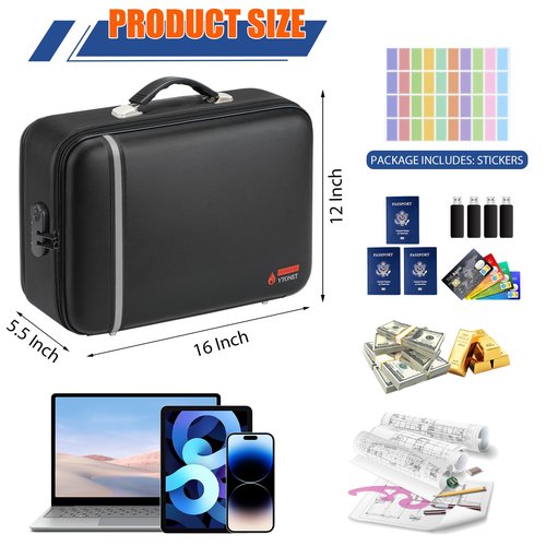 Fireproof Document Box Hard Case with Lock, Upgraded Size Fire Proof Safe for Home Documents with Accordion File Folder & 15.6" Laptop Pocket, Waterproof Office Travel Safe Box for Important Documents
