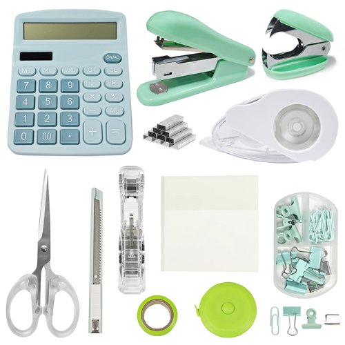 Ohmywor Office Supplies Set, Desk Accessories Includes Stapler Staples, Correction Tape, Calculator, Paper Clip, Transparent Note, Scissors, Tape Measure for Office School Clerk Student
