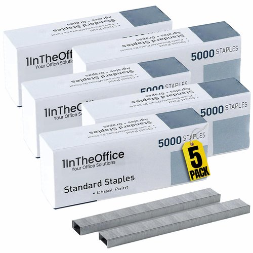 1InTheOffice Standard Staples, Staples for Stapler, Replacement Staples, 1/4" Leg Length, 5,000 Staples/Pack, 5 Pack