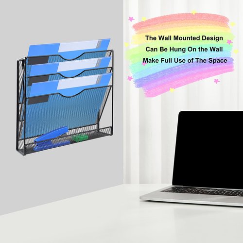 IOUGDSEC 4-Tier Mesh Wall File Holder Organizer with Bottom Flat Tray, Vertical Hanging File Organizer, Office Hanging File Folder Magazine Rack, Nametag Label Hooks Set Included, Black