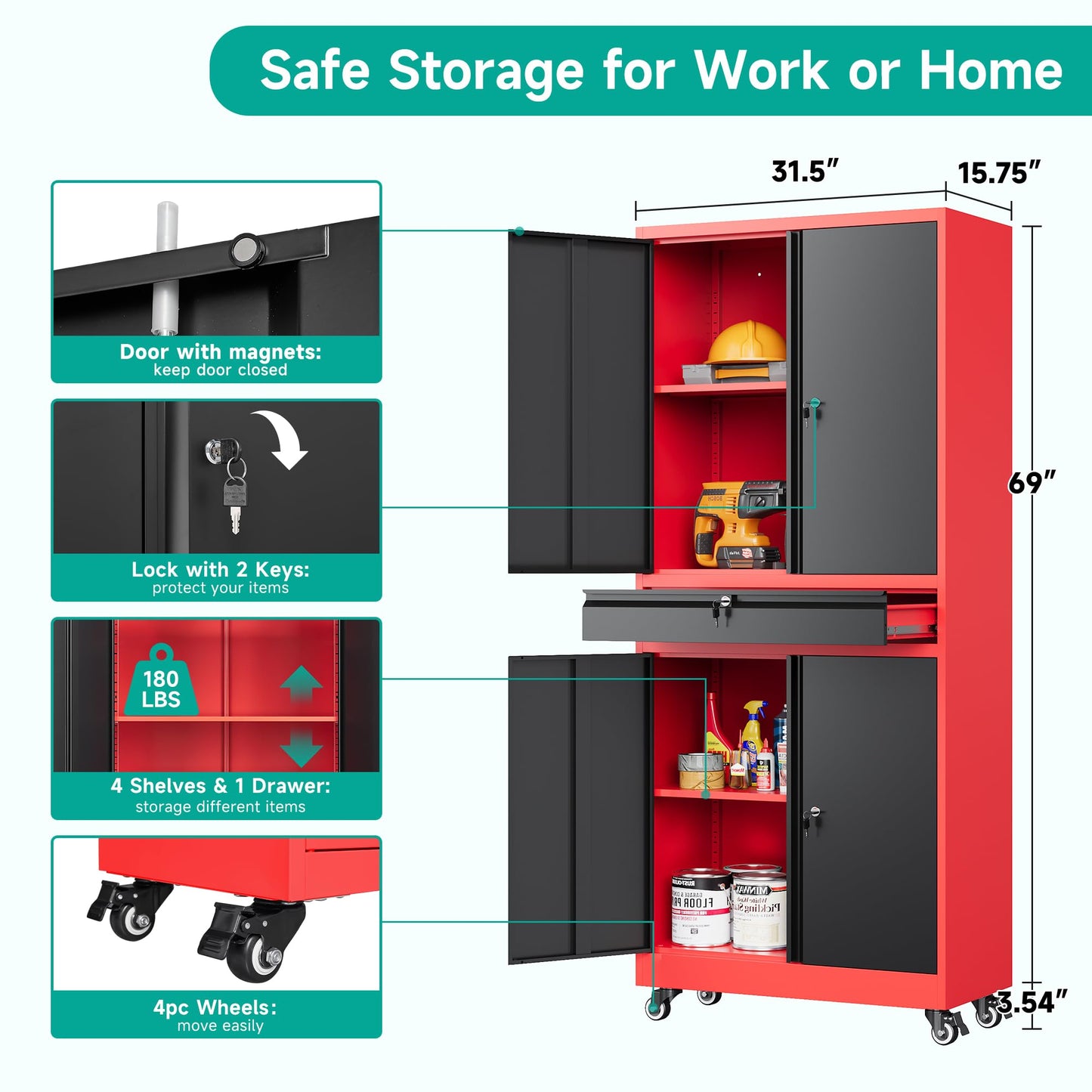 SISESOL Metal Storage Cabinet with Wheels and Drawer,Rolling Garage Storage Cabinet with Lock,Black Red Metal Cabinets with Wheel,73" Mobile Tall Tool Cabinets on Wheel for Home,Office,Garage,Shop