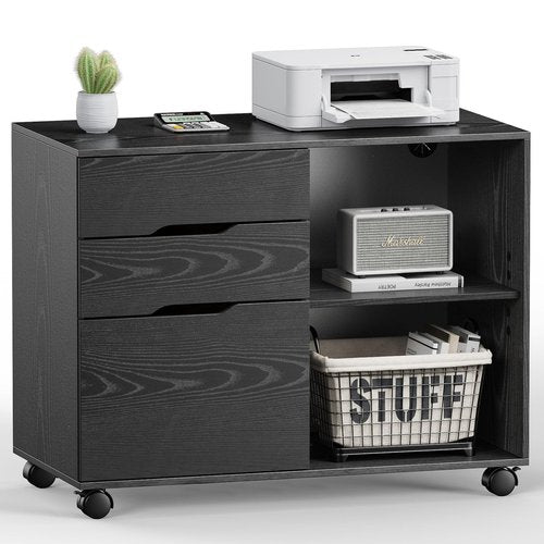 DUMOS Lateral File Cabinet with 3 Drawers Rolling Filing Cabinets Under Desk Storage Printer Stand Wood Organizer with Wheels Adjustable Shelf for Office Home Small Space, Black