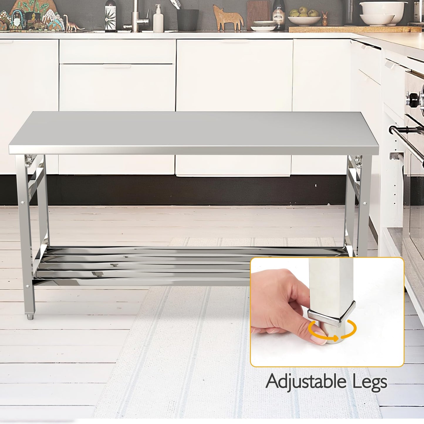 GAOMON Stainless Steel Prep Table 24 x 60 Inch, Worktables & Workstations, NSF Commercial Heavy Duty Stainless Steel Folding Work Table with Adjustable Undershelf for Kitchen Dining Home