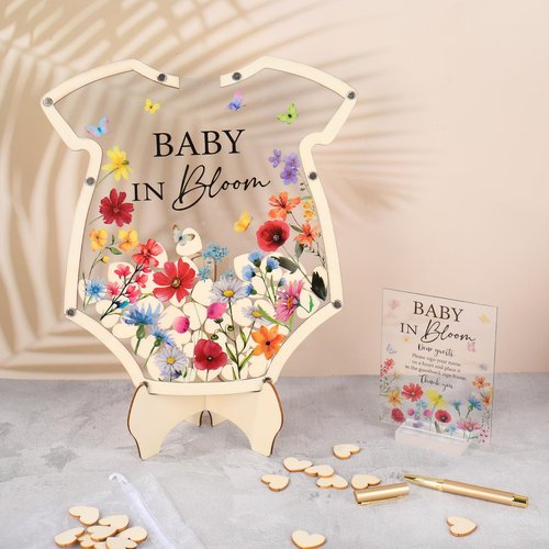 JarThenaAMCS 66Pcs Baby in Bloom Baby Shower Guest Book Alternative Set Acrylic Wildflower Guestbook with Wood Heart Slices Photo Frame Keepsake for 60 Guests