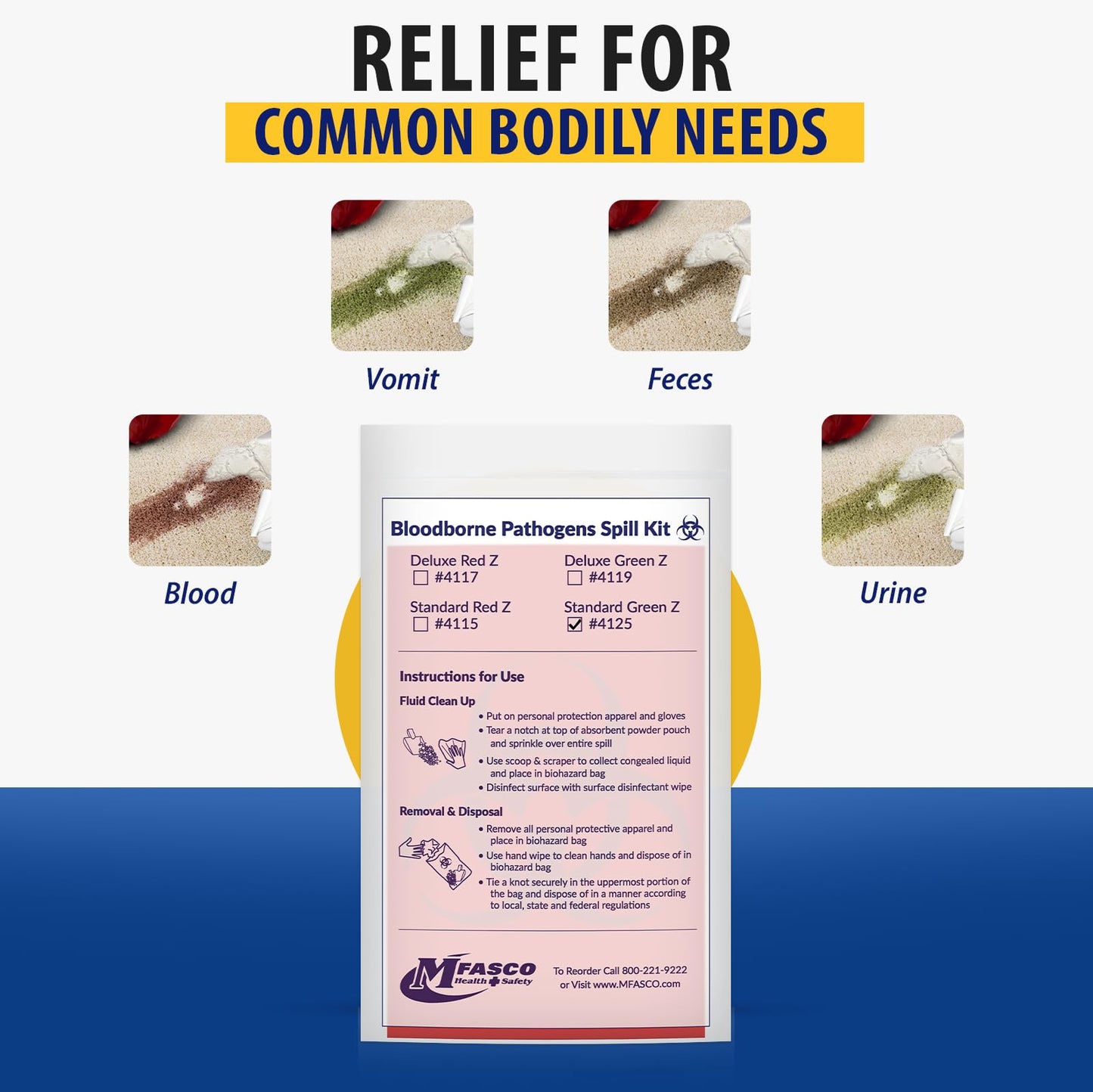 MFASCO Bloodborne Pathogens Spill Kit - Cleaning Bag, Disposable Vomit Clean Up Kit for Restaurants, Safety for Bodily Fluids, Blood, Latex Free, First Aid, Non-Chlorinated Fluid Urine Solidifier