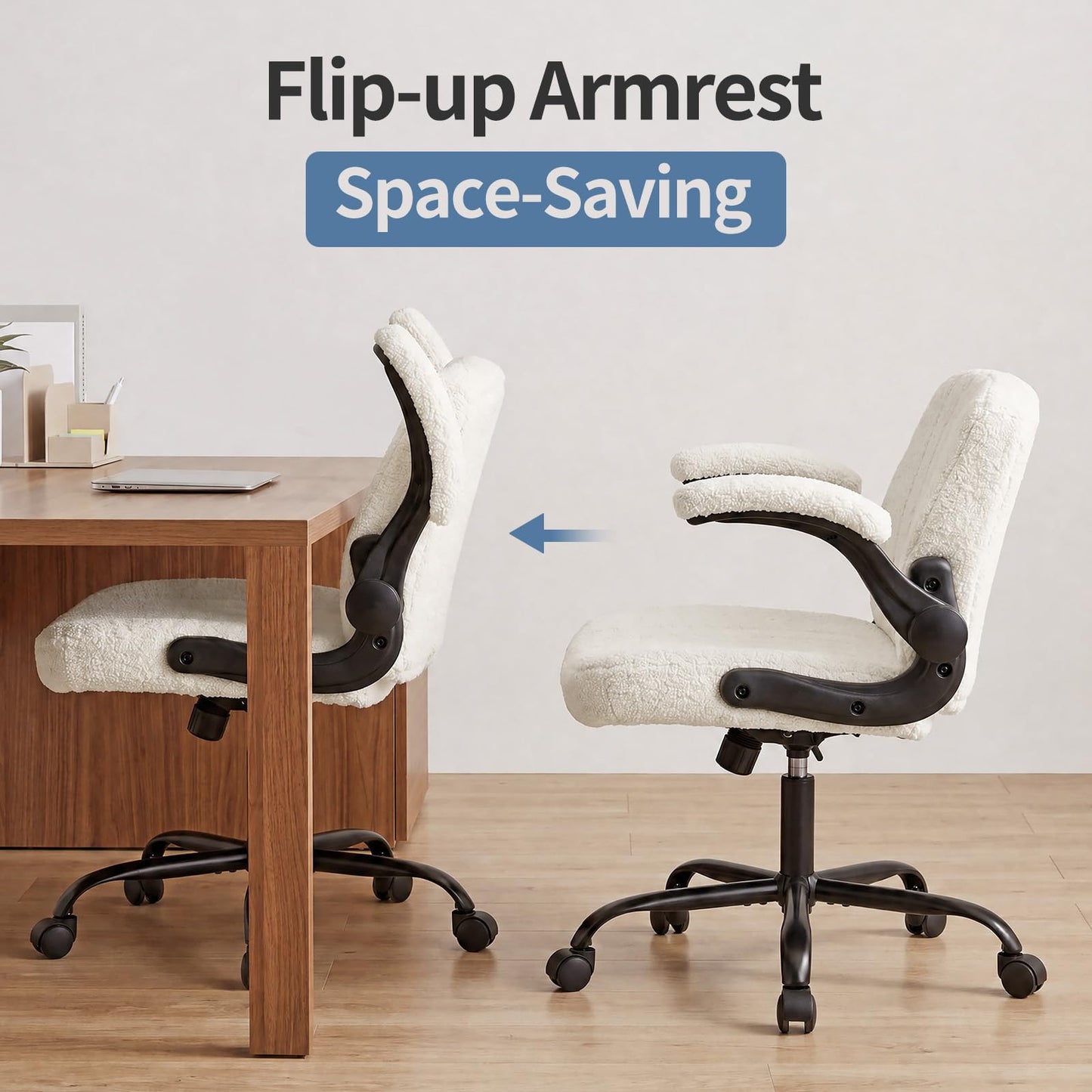 DUMOS Criss Cross Home Office Chair with Wheels, Wide Cross Legged Desk Vanity Chair Comfy Fabric Flip-Up Armrests Adjustable Swivel Chairs for Home Computer Bedroom, Beige
