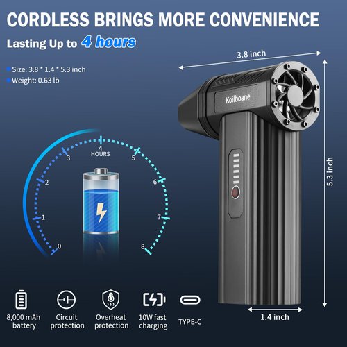 Koilboane Compressed-Air-Duster Brushless Electric Air Blower, Mini Powerful Cordless Rechargeable 8000mAh Battery Jet Dry Portable Jet Turbo Fan Dust Snow Blower for Cleaning Car/Keyboard/PC/Home