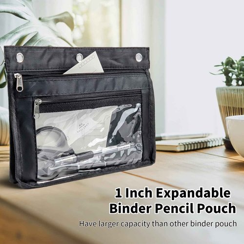 YoeeJob 18 Pack 1 Inch Expandable Zipper Pencil Pouches with Clear Window for 3 Ring Binder, Suitable for School & Office（Black）
