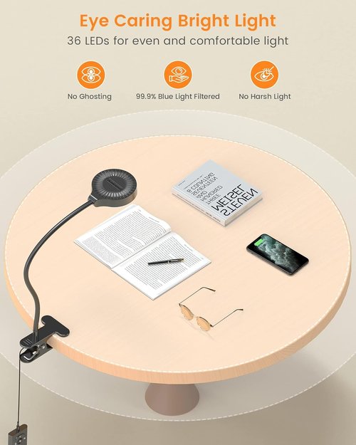 Glocusent 5W Reading Light - 36 LED Eye-Caring Bed Lamp with 3 Colors & 5 Brightness Levels | Black with Remote