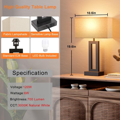 Seealle Bedroom Lamps for Night Stands - Touch Control, 3 Way Dimmable, USB C+A Charging, LED Bulbs, Easy Assembly