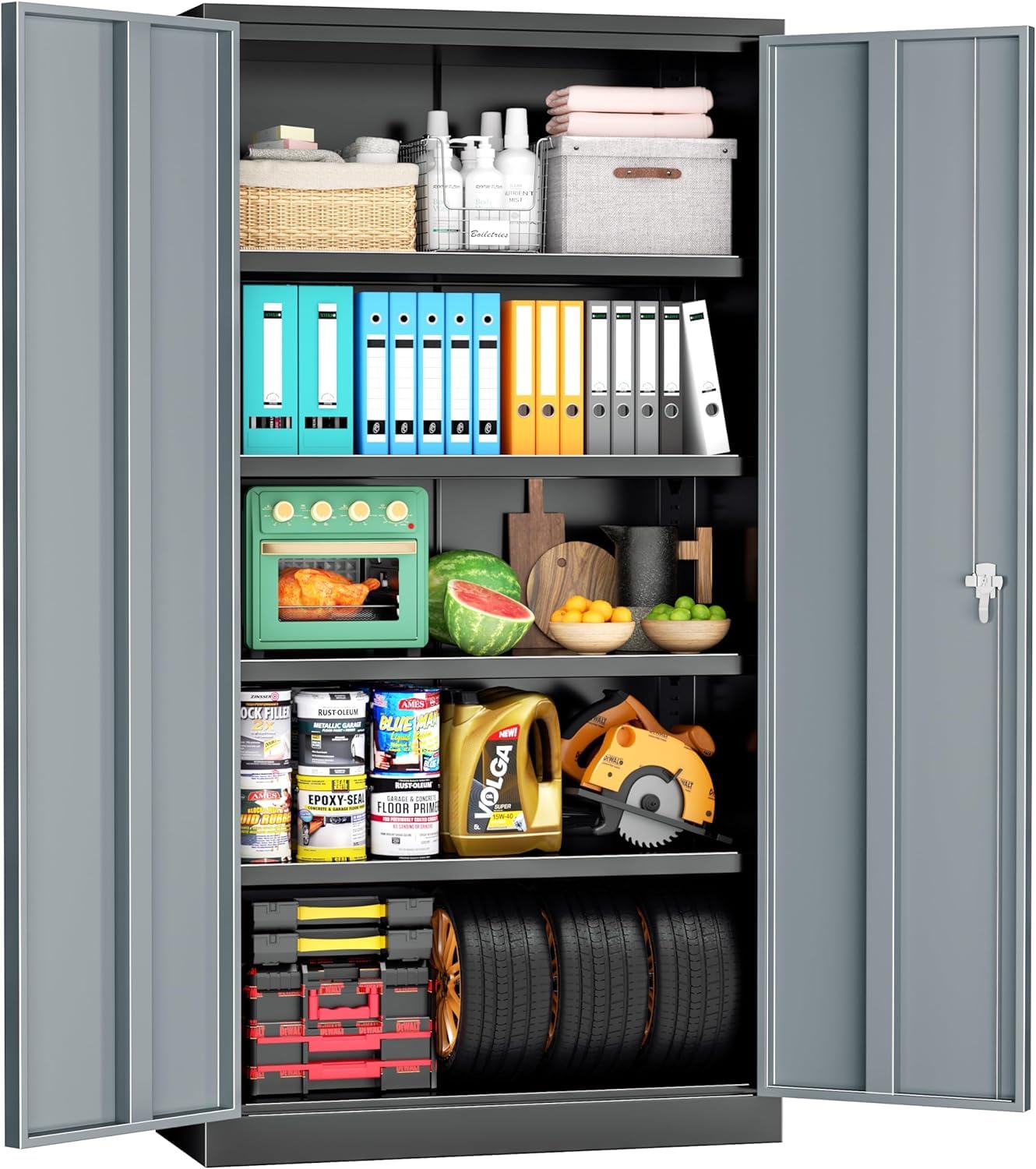 INTERGREAT Metal Storage Cabinet with Lock,72" Tall Steel Cabinets with 2 Doors and 4 Adjustable Shelves,Lockable Steel Storage for Home Office, Garage, Warehouse (Black Grey)