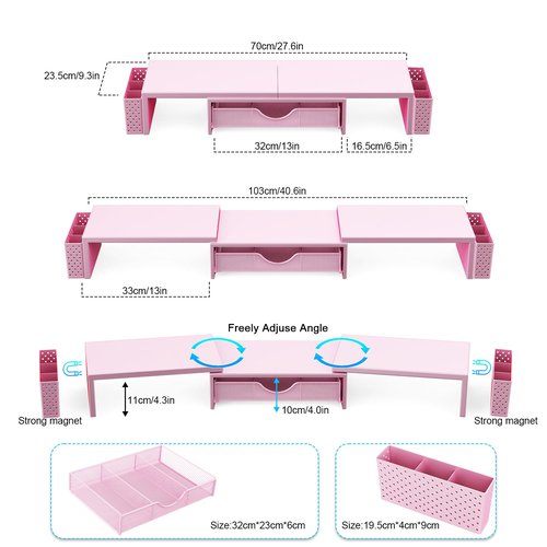 Spacrea Metal Desk Organizers and Accessories, Dual Monitor Stand Riser with Drawer and 2 Pen Holders, Desk Accessories & Workspace Desktop Organizers for Office Supplies (Pink)